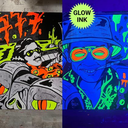 Split view of Bat Country screen print in natural light and under black light showing the glow-in-the-dark ink effect