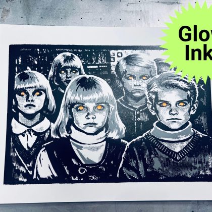 Three-color horror screen print with gray, black, and glow-in-the-dark ink featuring a glow ink information icon