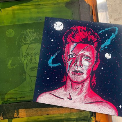 Front view of Bowie Starman inspired pop art screen print showing three bold ink colors and halftone details.