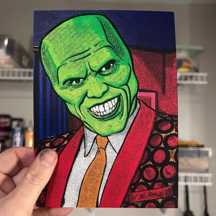 5x7 The Mask inspired screen print held in hand to show print size