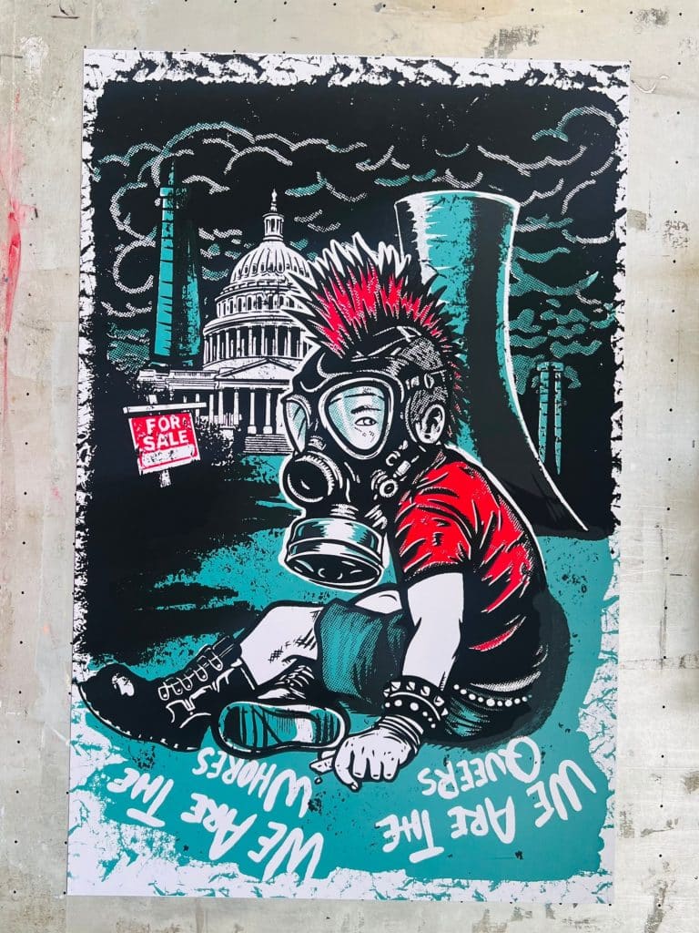 Original hand screen printed punk inspired artwork featuring a young boy with a red mohawk and gas mask sitting in a destroyed American landscape with bold halftones and layered colors.