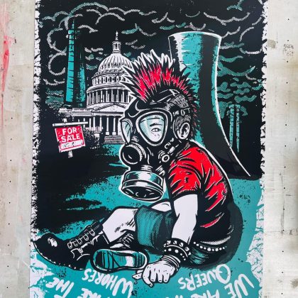 Original hand screen printed punk inspired artwork featuring a young boy with a red mohawk and gas mask sitting in a destroyed American landscape with bold halftones and layered colors.