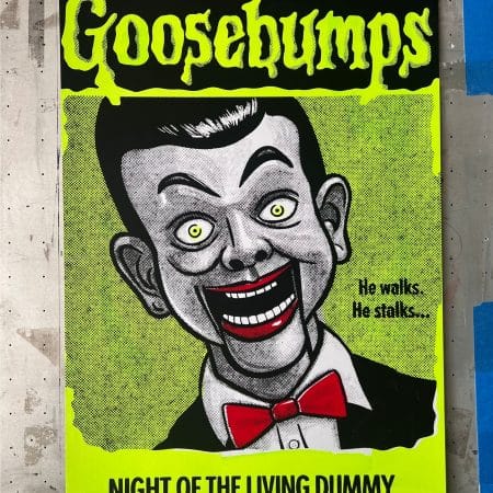 Flat view of hand screen printed horror artwork inspired by Night of the Living Dummy featuring bold colors, halftone shading, and minimal color layers.