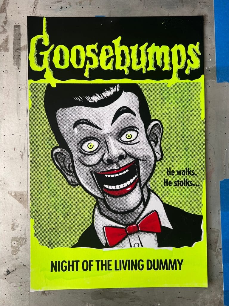 Flat view of hand screen printed horror artwork inspired by Night of the Living Dummy featuring bold colors, halftone shading, and minimal color layers.