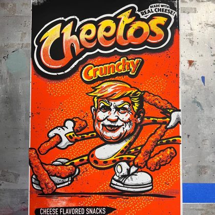 Full view of hand-pulled screen printed artwork featuring a satirical snack bag illustration with a reimagined presidential portrait, printed in bold layered inks.