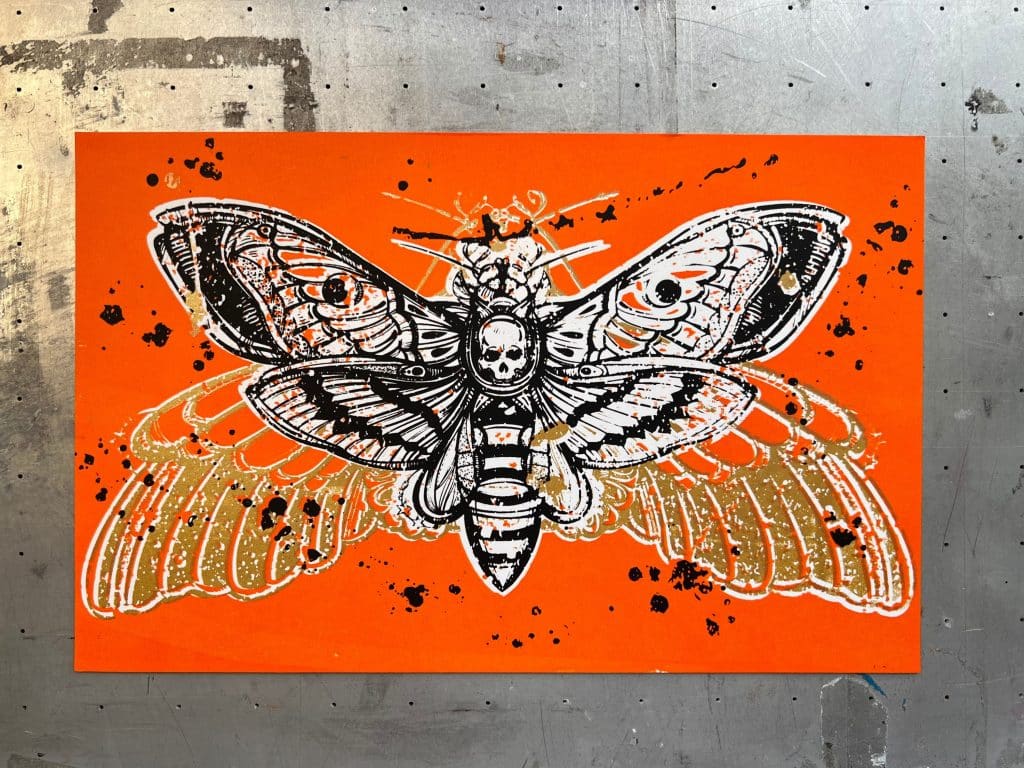 Hand screen printed moth artwork inspired by classic horror films shown in a flat full-print view