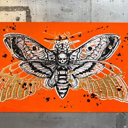 Hand screen printed moth artwork inspired by classic horror films shown in a flat full-print view