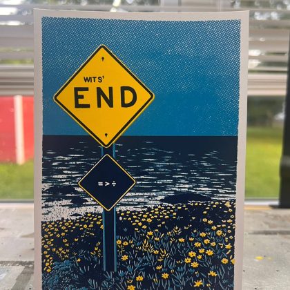 Full view of a 4-color screen print of a Cayucos, California street with yellow wildflowers, beach views, and weathered signs.