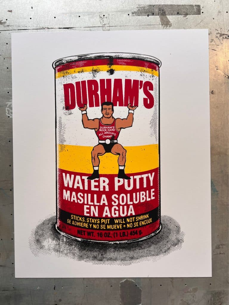 Durham's Water Putty inspired screen print artwork featuring vintage packaging design, retro typography, and hand-pulled halftone screen printing techniques.
