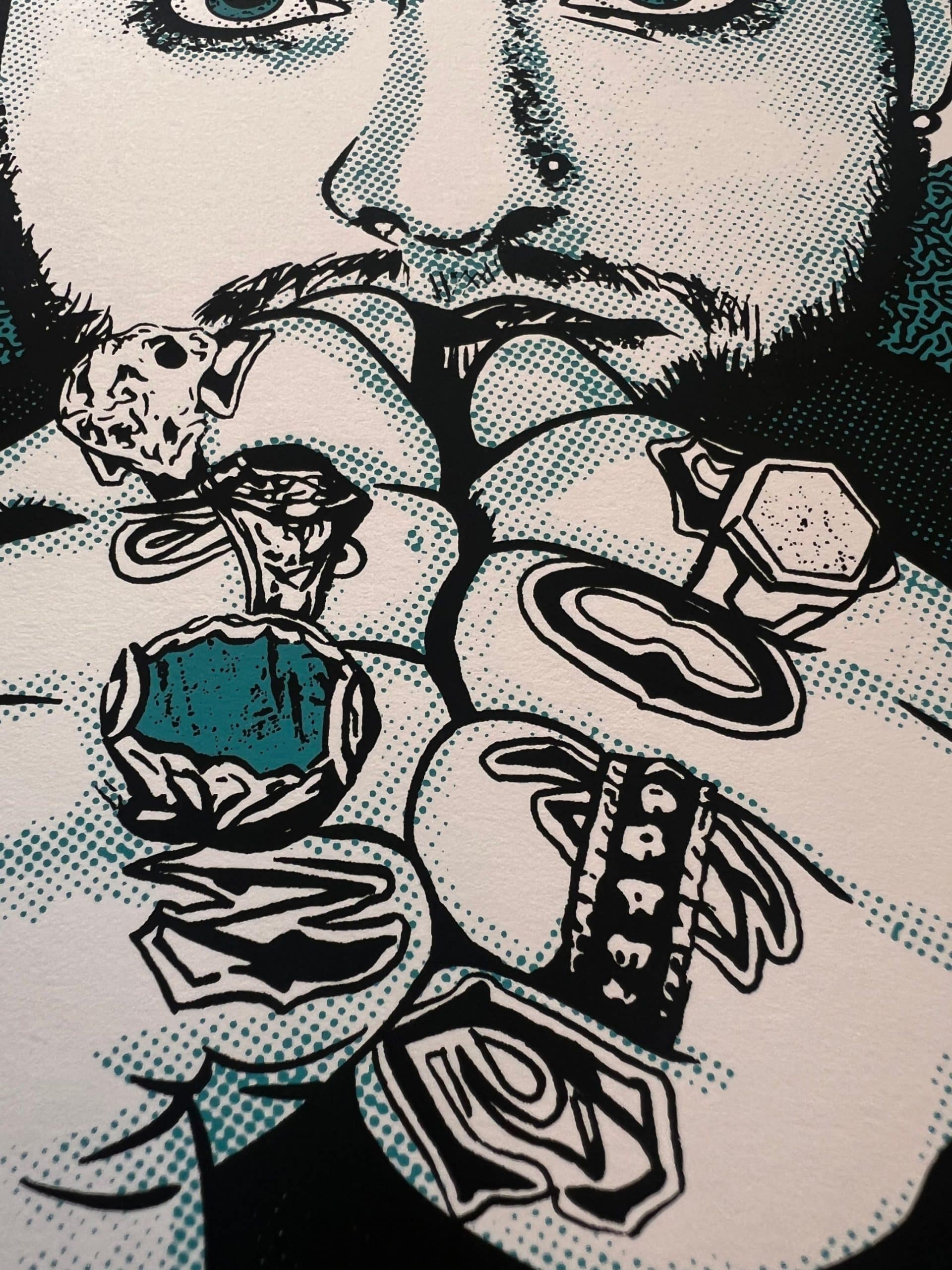 Detailed close-up of the face in a Mac Miller inspired screen print highlighting illustration work and ink texture.