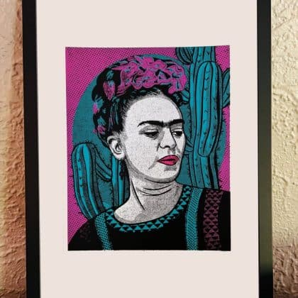 Hand-pulled Frida Kahlo screen print featuring a colorful portrait created from a digital drawing and printed with three watercolor-inspired inks on 11x17-inch 100lb cardstock with a wide white border.