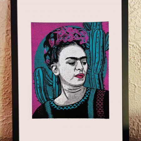 Hand-pulled Frida Kahlo screen print featuring a colorful portrait created from a digital drawing and printed with three watercolor-inspired inks on 11x17-inch 100lb cardstock with a wide white border.