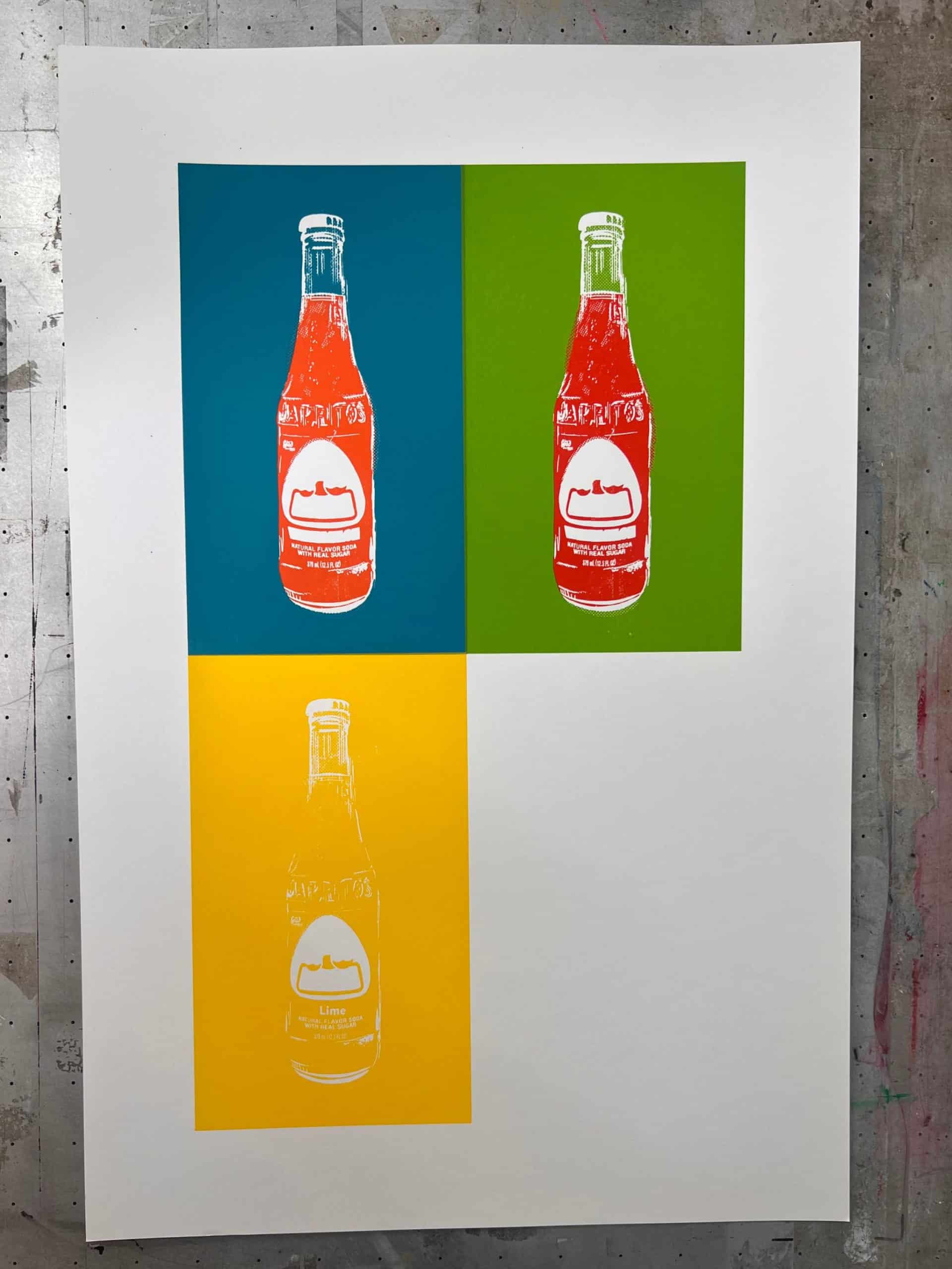 Partially completed Jarritos pop art screen print showing several registered color layers during production.