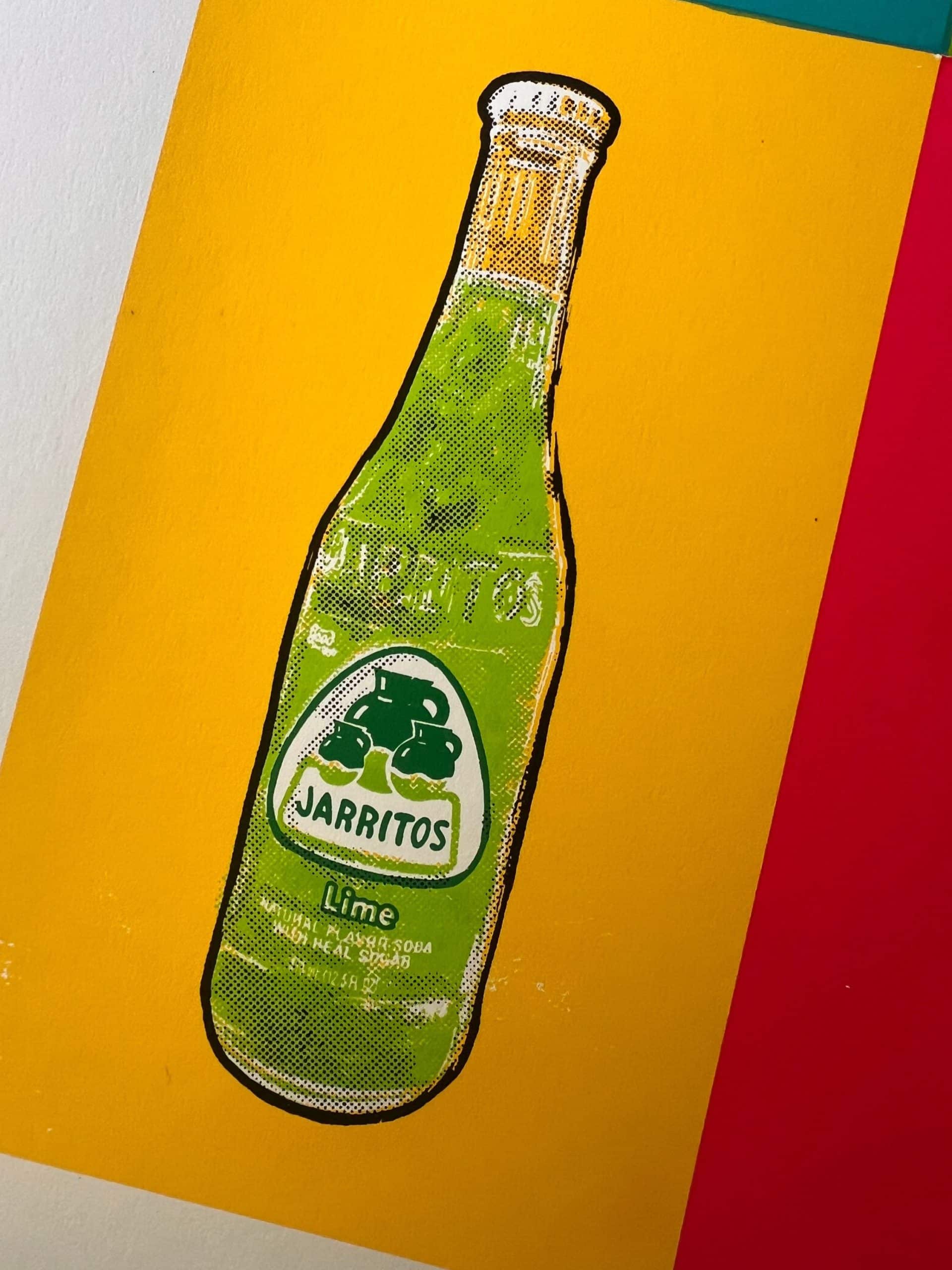 Macro photograph of halftone dots and layered inks used in a Jarritos-inspired 10-color screen print.