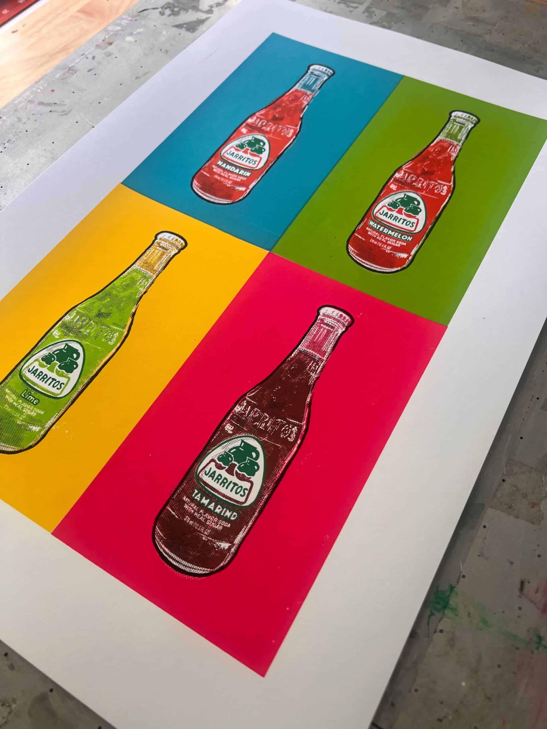 Angled photograph of a colorful Jarritos-inspired screen print showing depth, vibrant inks, and premium French Paper stock.