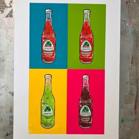Full flat view of a hand-pulled Jarritos-inspired pop art screen print featuring Mandarin, Lime, Tamarind, and Watermelon flavors printed with 10 vibrant water-based ink colors.