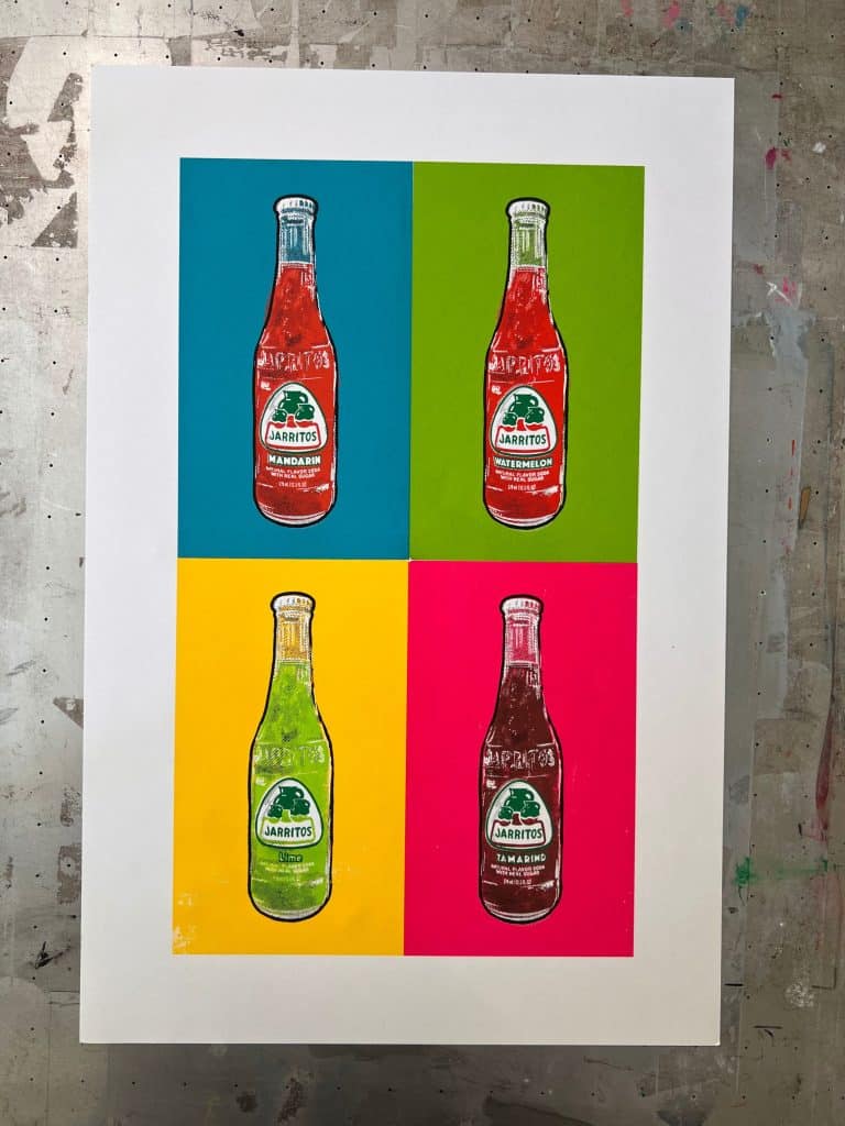 Full flat view of a hand-pulled Jarritos-inspired pop art screen print featuring Mandarin, Lime, Tamarind, and Watermelon flavors printed with 10 vibrant water-based ink colors.