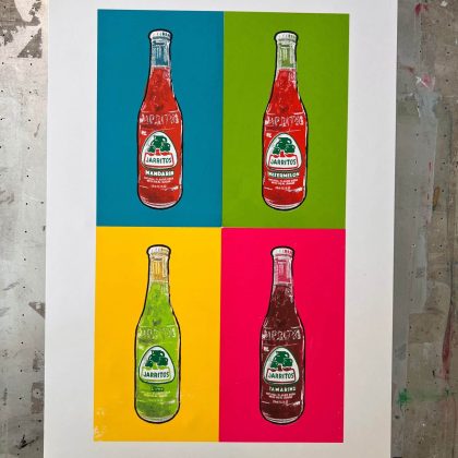 Full flat view of a hand-pulled Jarritos-inspired pop art screen print featuring Mandarin, Lime, Tamarind, and Watermelon flavors printed with 10 vibrant water-based ink colors.