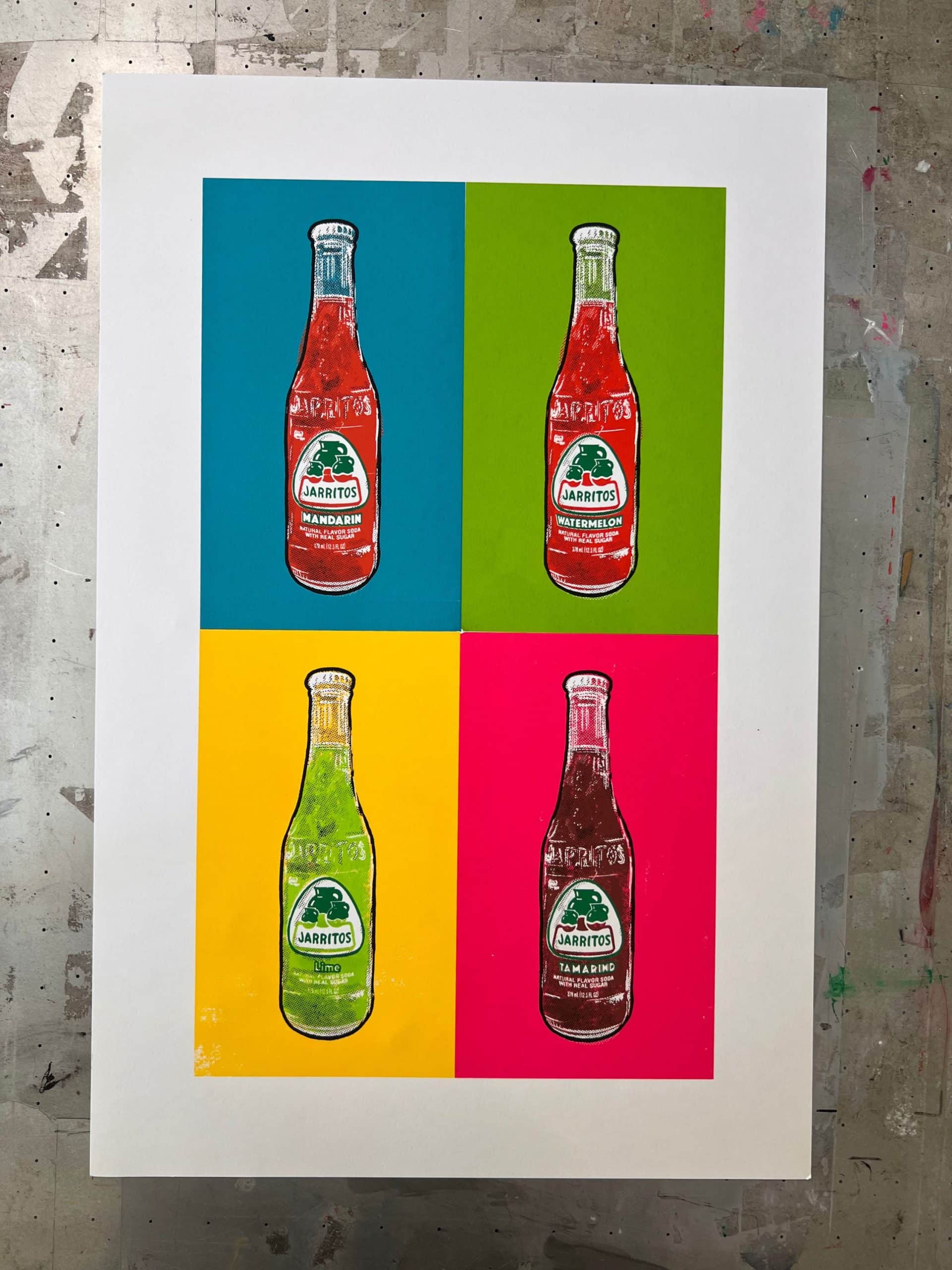 Full flat view of a hand-pulled Jarritos-inspired pop art screen print featuring Mandarin, Lime, Tamarind, and Watermelon flavors printed with 10 vibrant water-based ink colors.