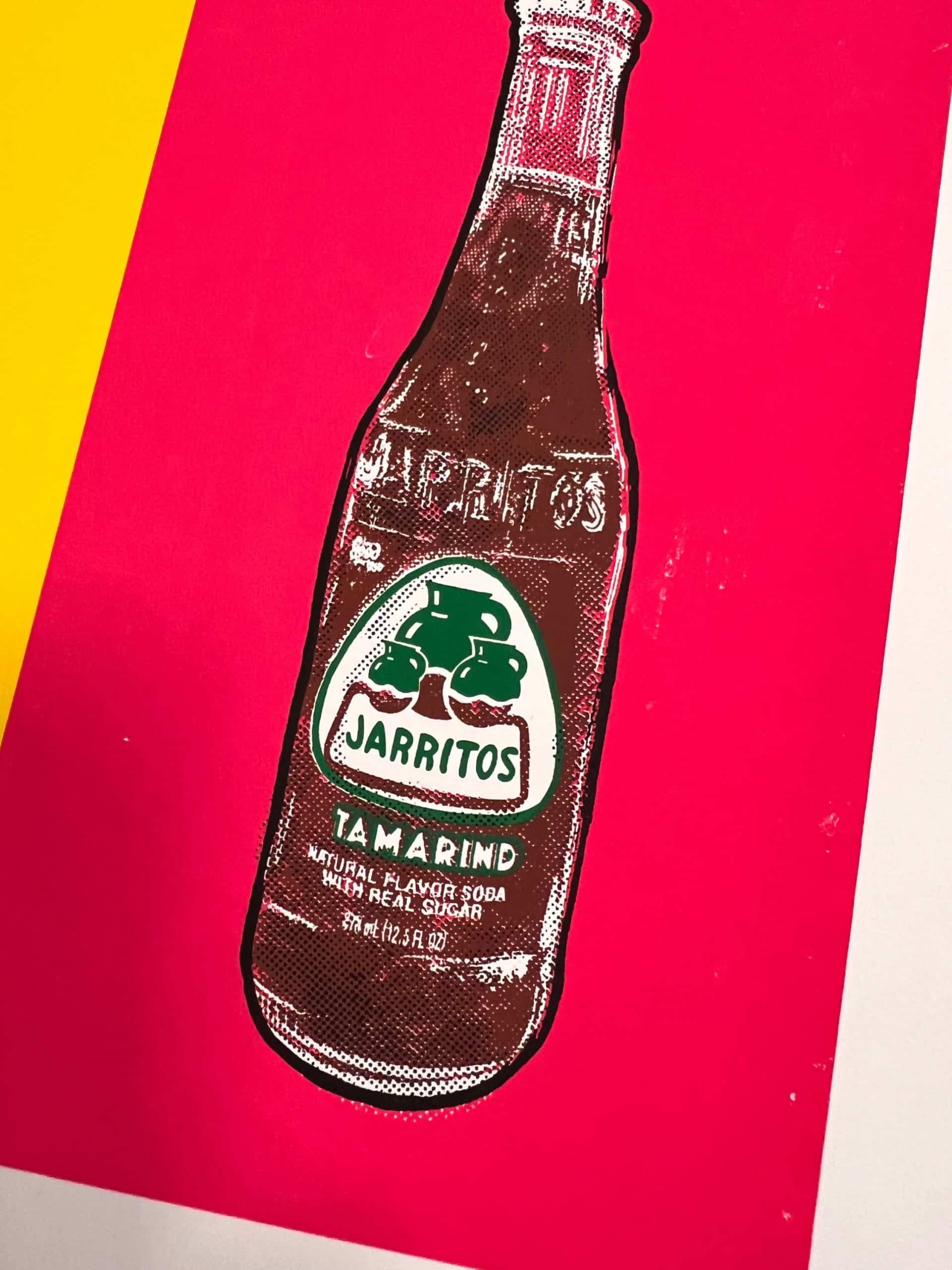 Close-up of overlapping ink colors in a Jarritos pop art screen print highlighting registration and color layering.