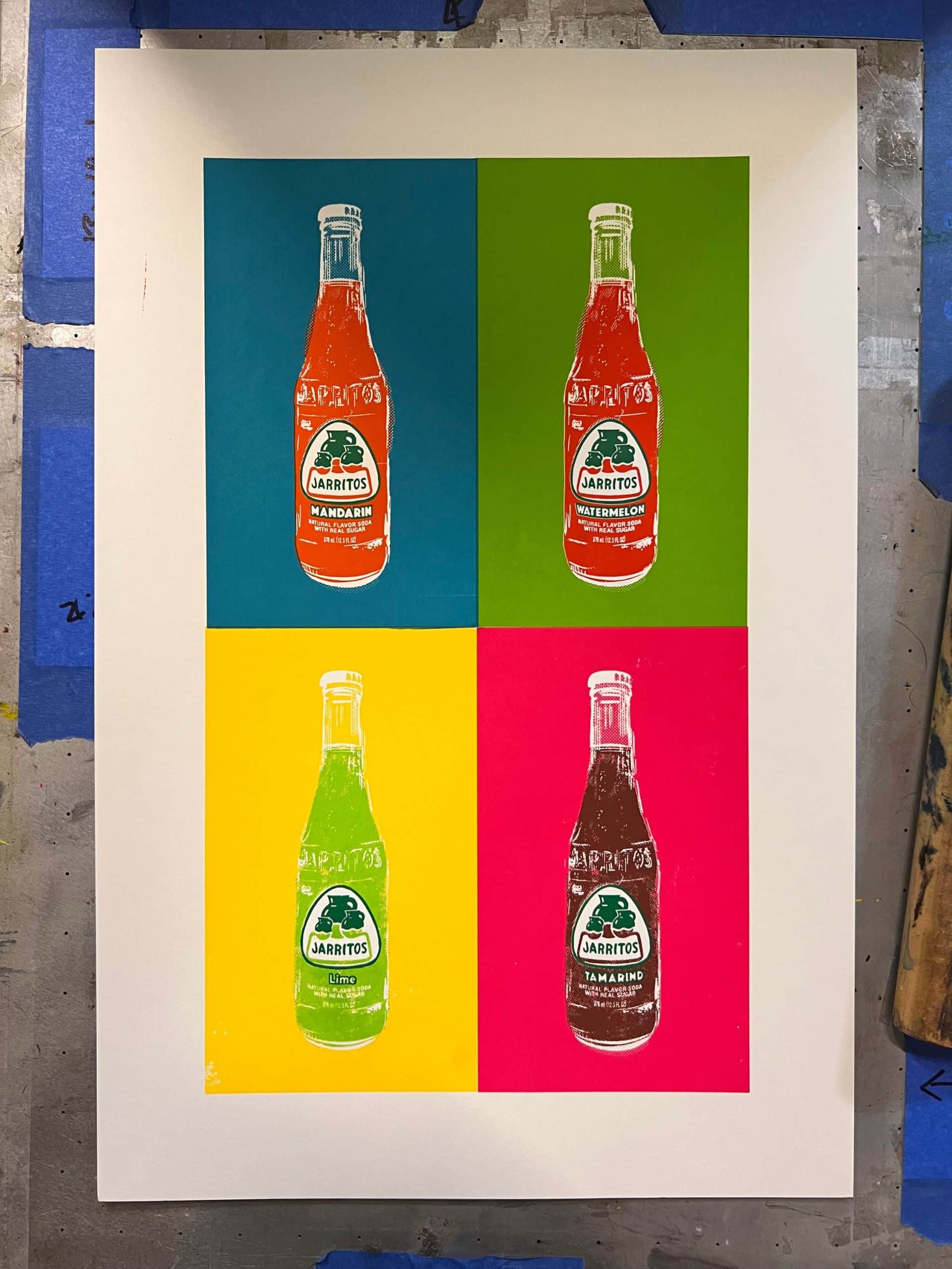 Screen printing process photo showing one of the final ink colors being printed on a Jarritos-inspired pop art design.