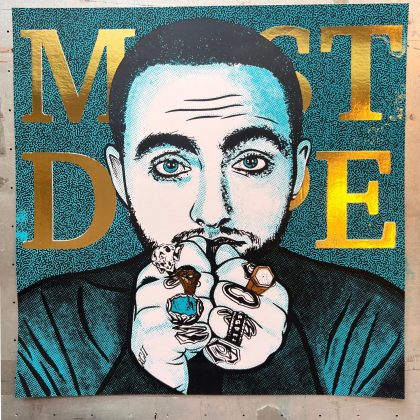 Hand-pulled Mac Miller-inspired screen print featuring a two-color portrait with metallic gold foil accents on archival paper.
