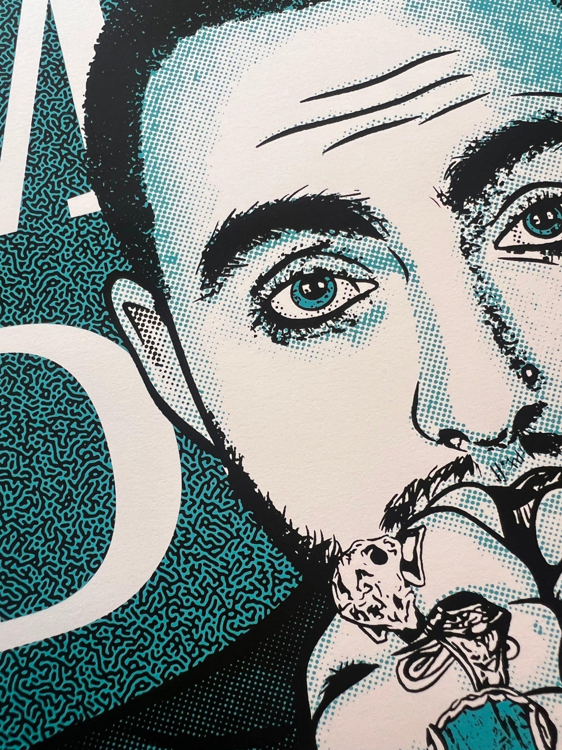 Macro photograph of halftone dots and layered ink textures in a Mac Miller inspired hand-pulled screen print.