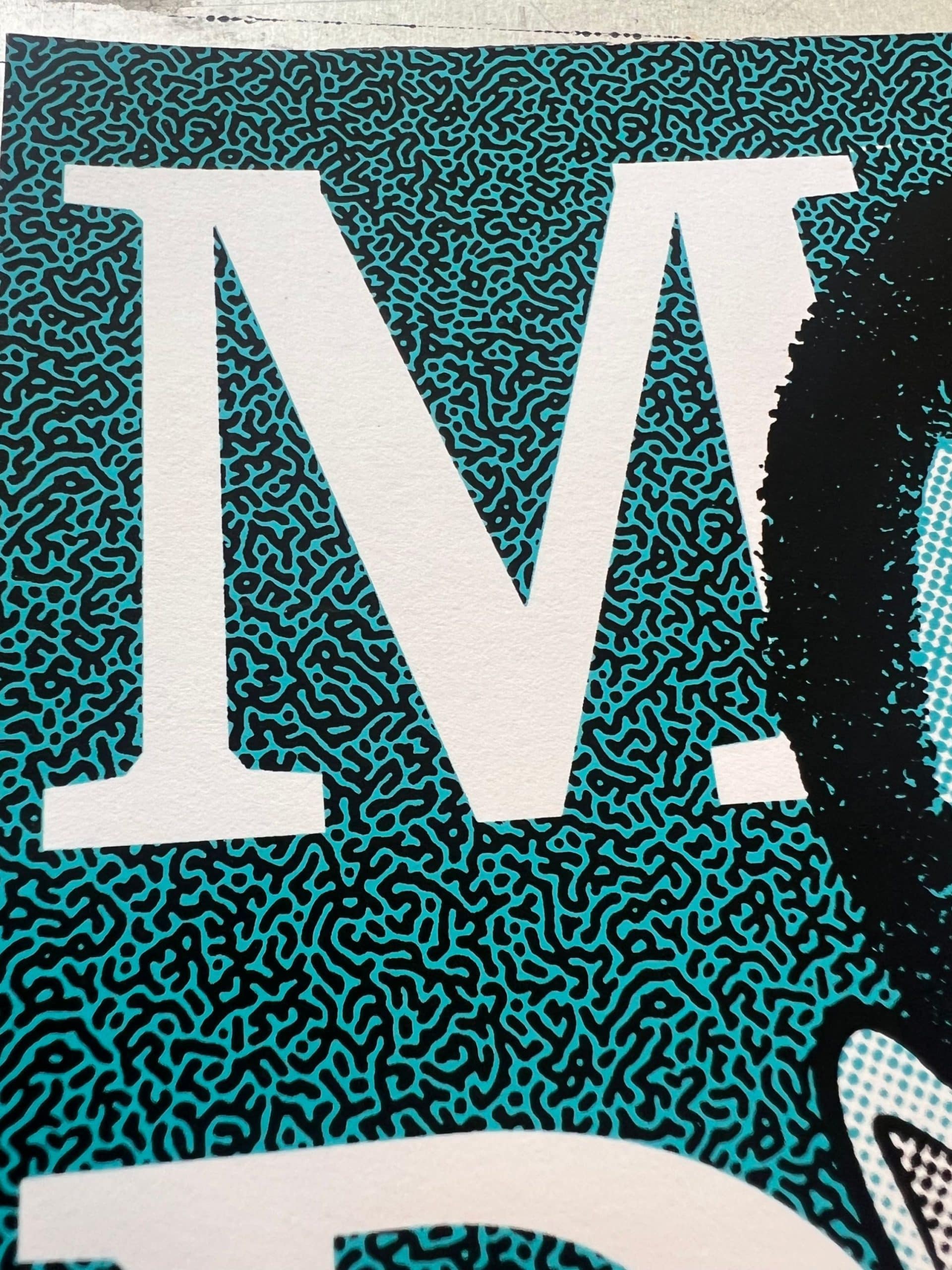 Close-up detail of a Mac Miller inspired screen print showing facial features, halftone shading, and hand-printed texture.