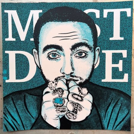 Hand-pulled two-color screen print inspired by Mac Miller, featuring a detailed portrait illustration with bold contrast and halftone textures.