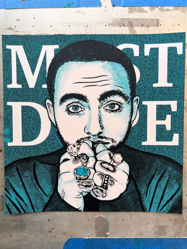 Hand-pulled two-color screen print inspired by Mac Miller, featuring a detailed portrait illustration with bold contrast and halftone textures.