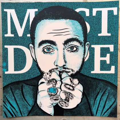 Hand-pulled two-color screen print inspired by Mac Miller, featuring a detailed portrait illustration with bold contrast and halftone textures.