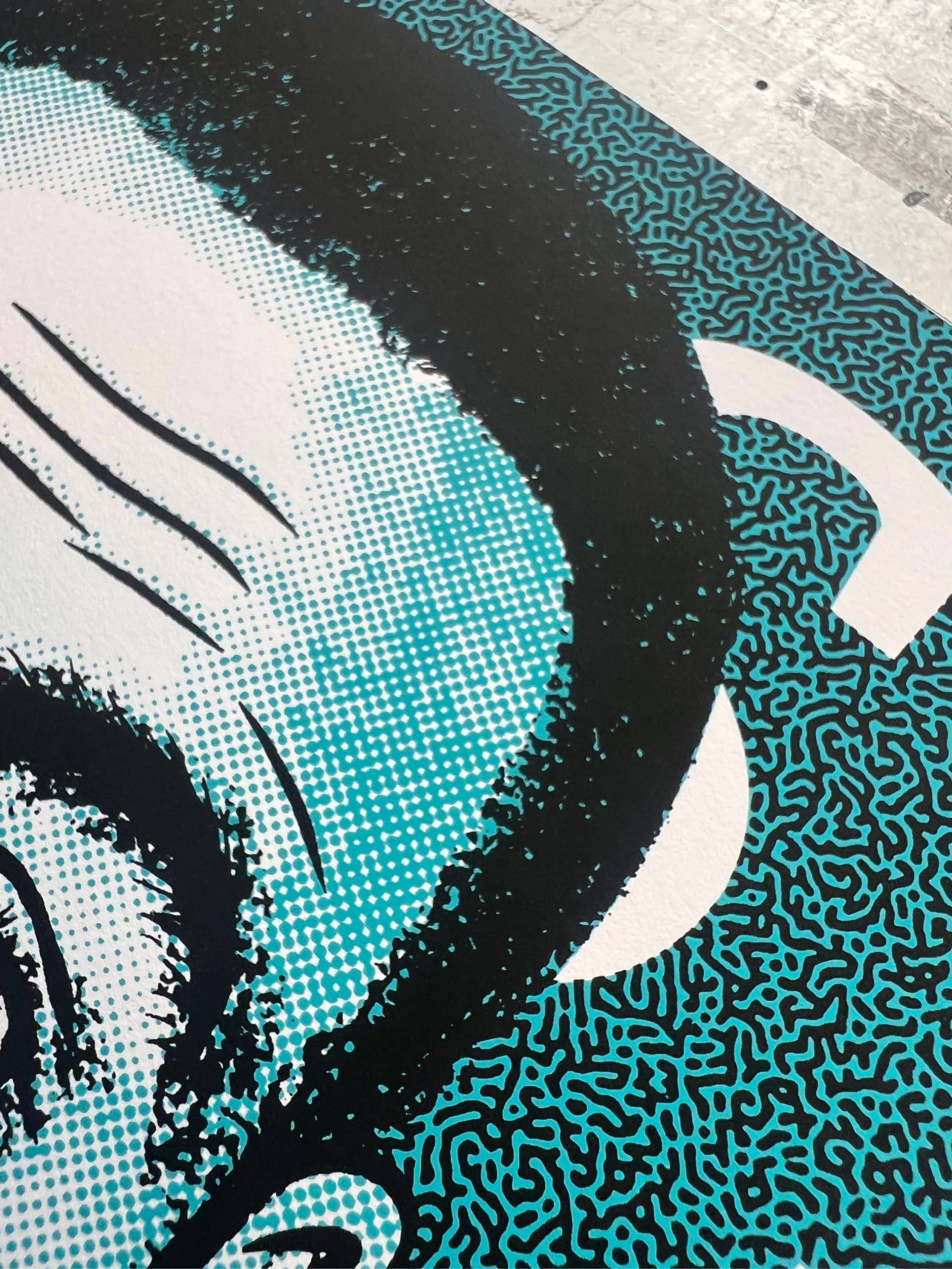 Close-up of finished Mac Miller inspired screen print featuring bold graphic design, halftone textures, and hand-pulled ink layers.