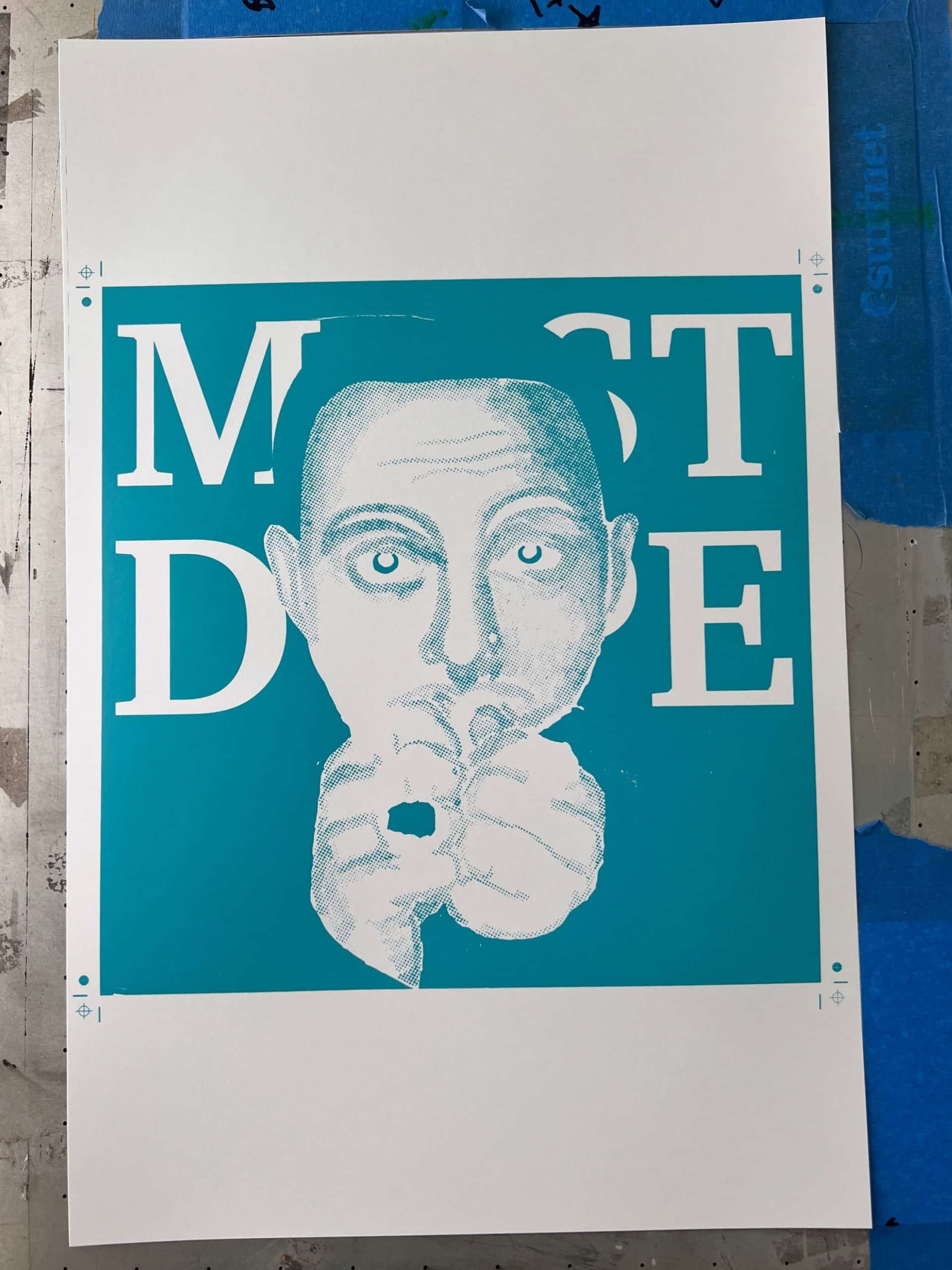 single-color screen printing process of a Mac Miller inspired portrait showing layered inks before the final print is completed.