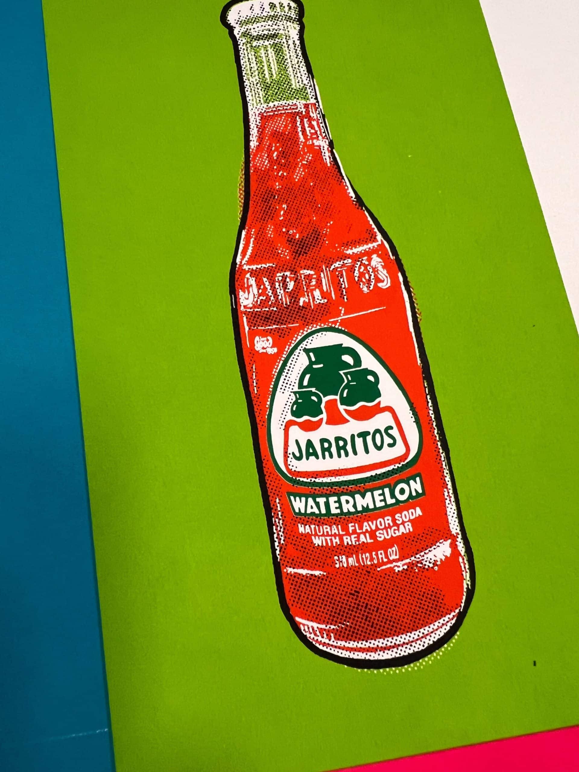 Close-up of the corner section of a Jarritos pop art screen print showing fine details, halftones, and vibrant ink layers.