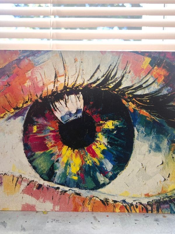 Close-up of the CMYK Eye Painting screen print displayed upright, showing detailed halftone dots and layered colors.