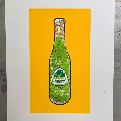 Full flat view of a Jarritos Lime bottle pop art screen print on a yellow background