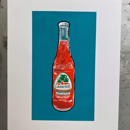 Hand-pulled Jarritos Mandarin Pop Art screen print featuring bright bold colors, printed with four water-based inks on 8x10 inch 100lb paper with a white border.