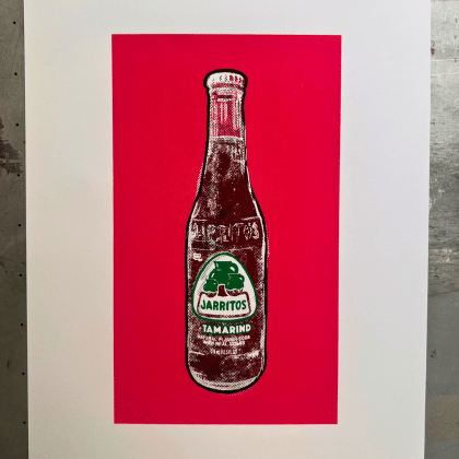 Jarritos Tamarind pop art print displayed on the screen-printing frame used to create the artwork.