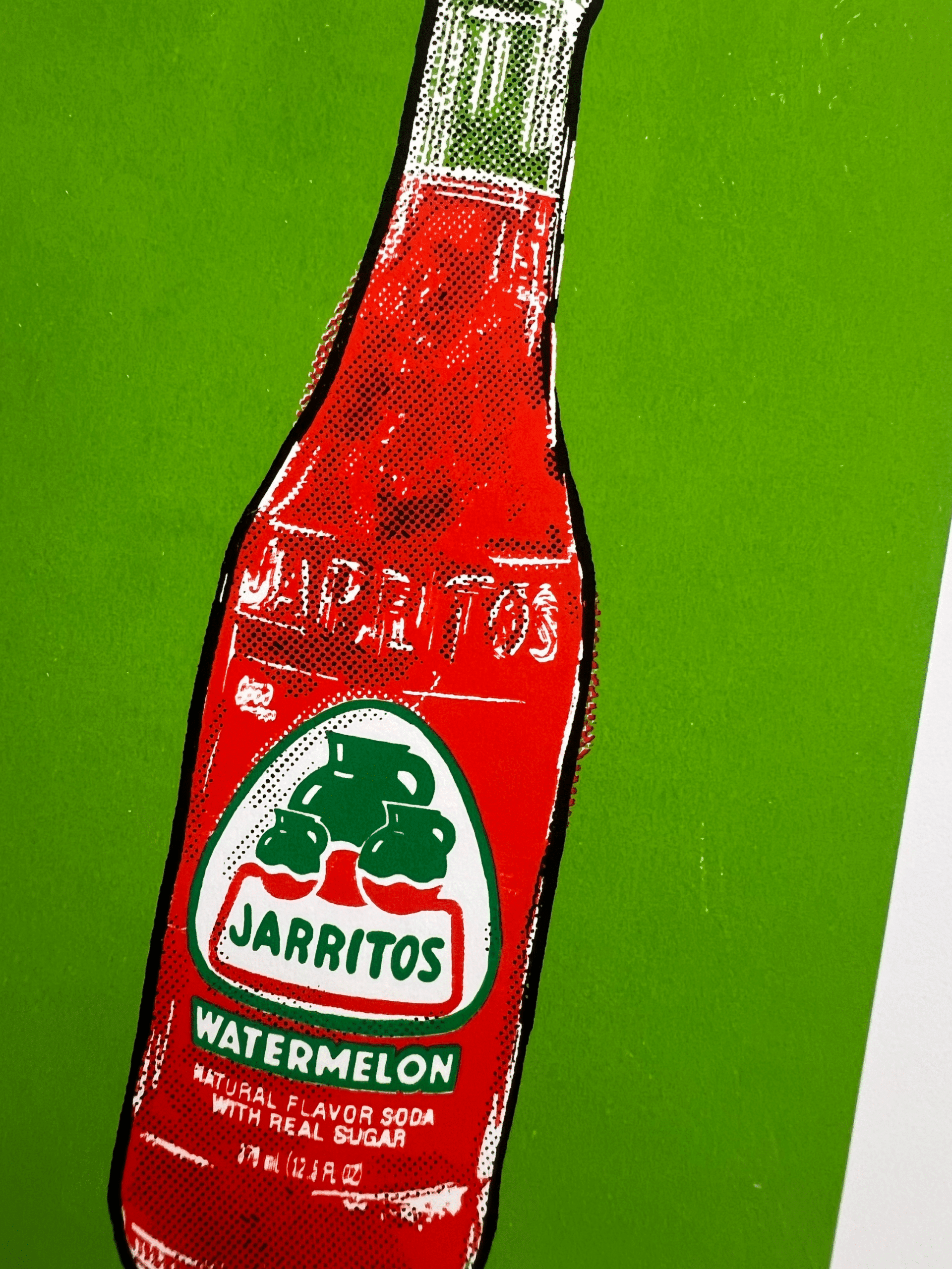 Bottle detail of a hand-pulled Jarritos watermelon pop art screen print on a lime green background.