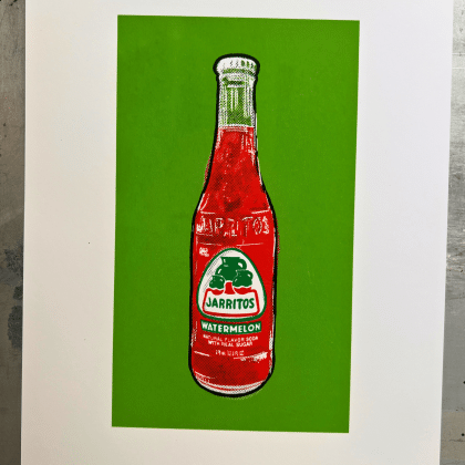 Full view of an 8-by-10-inch Jarritos watermelon pop art print, hand printed with four water-based ink colors.