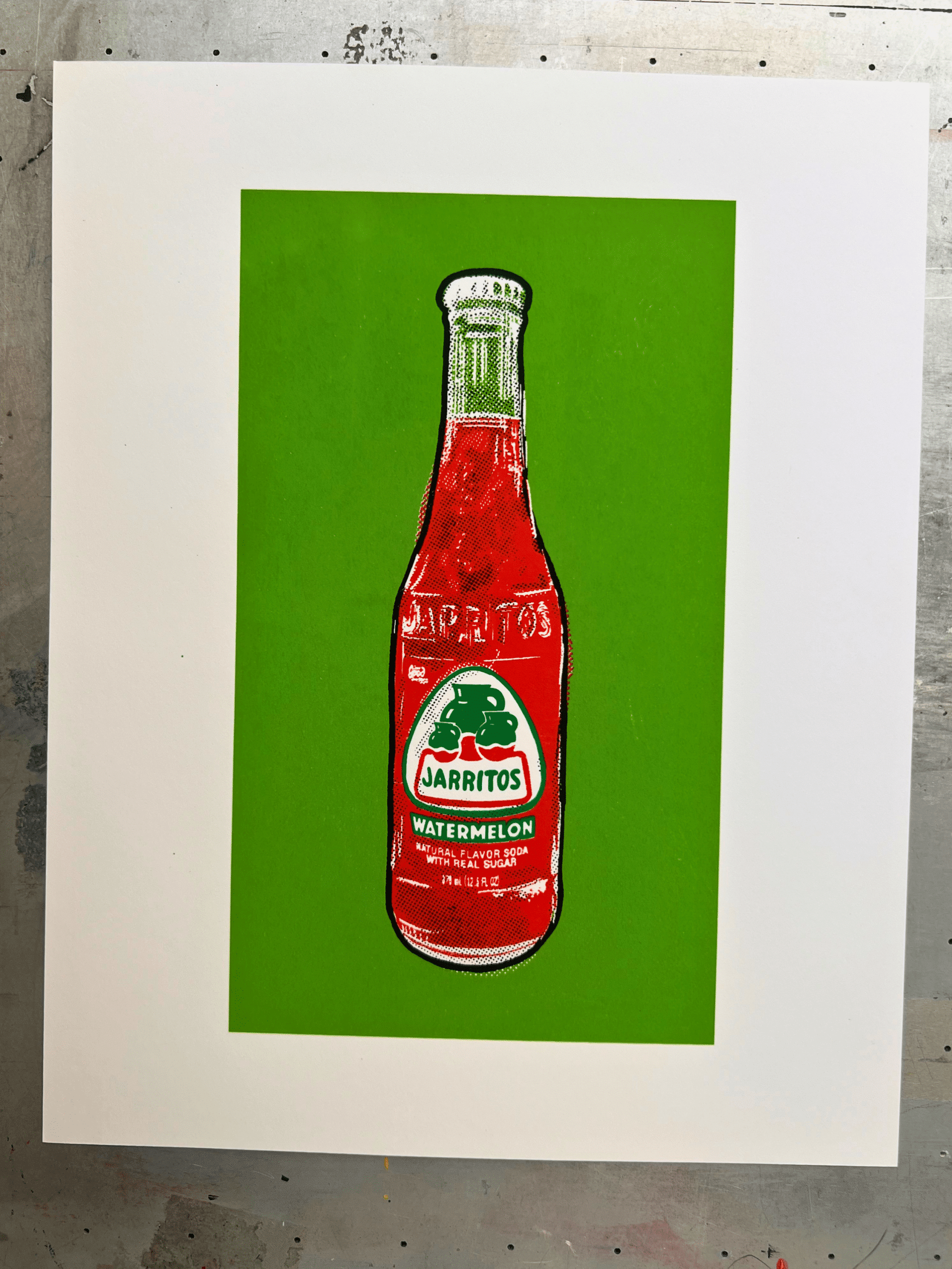 Full view of an 8-by-10-inch Jarritos watermelon pop art print, hand printed with four water-based ink colors.