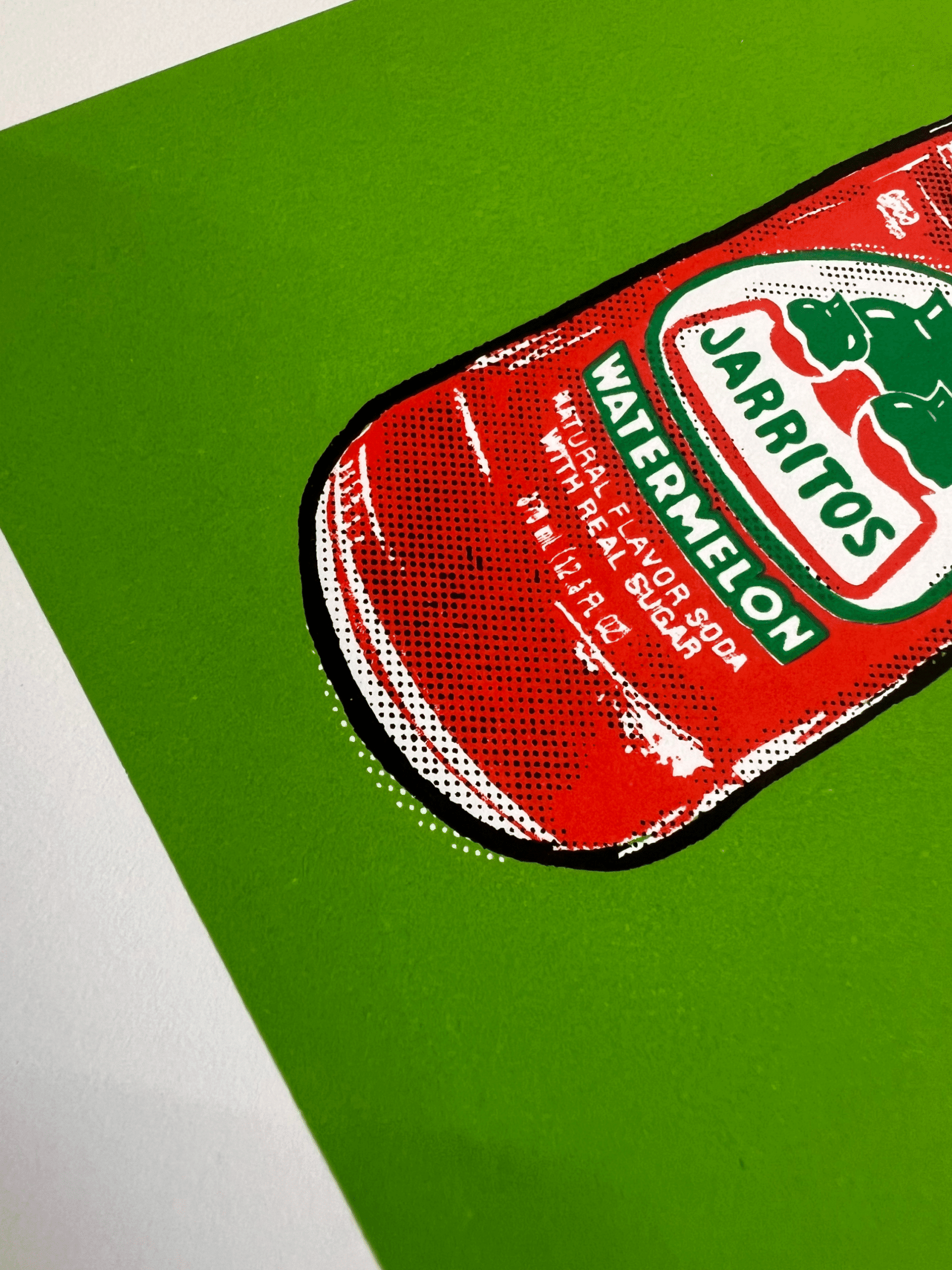 Close-up of the watermelon bottle illustration and layered ink details in a handmade pop art screen print.