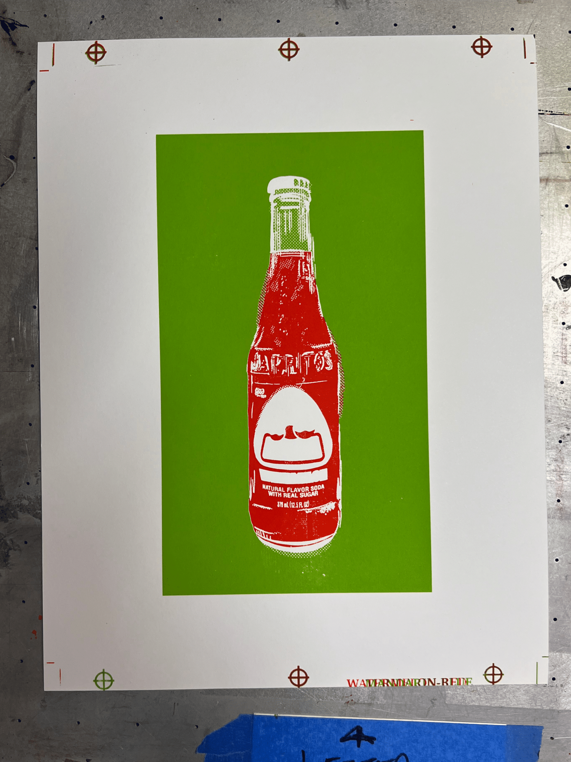 Two-color stage of the Jarritos watermelon screen-printing process before the final ink layers were added.